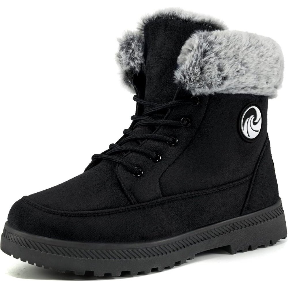 Women’s Black Warm Fur Lined Ankle Booties Lace Up Slip-On Outdoor Boots - Picture 5 of 5